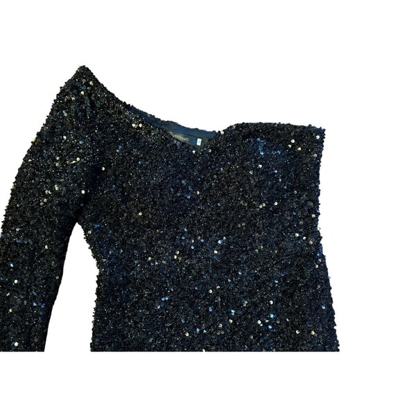 Black Sequined One-Shoulder Gown With Fringe Detail Party Evening - Picture 4 of 8